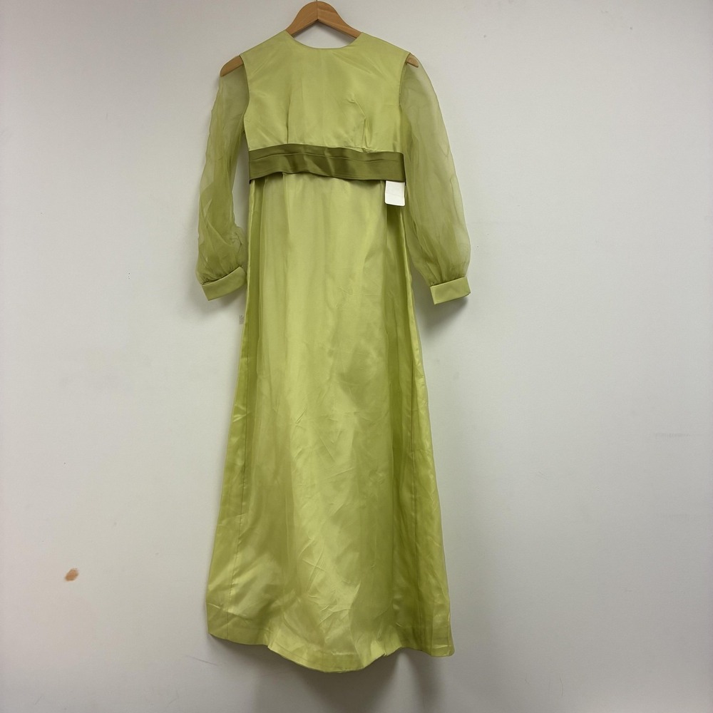 Vintage 70s Lorrie Deb Satin Dress Womens 12/14 Green Long Sleeve Maxi Bow Gown